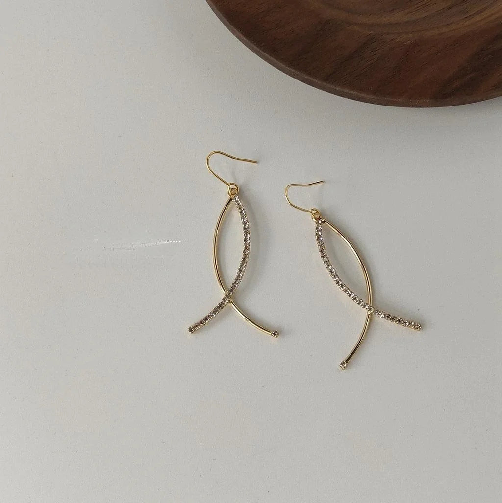 Korean Japanese Style Copper Zircon Cross Line Geometric Drop Earrings