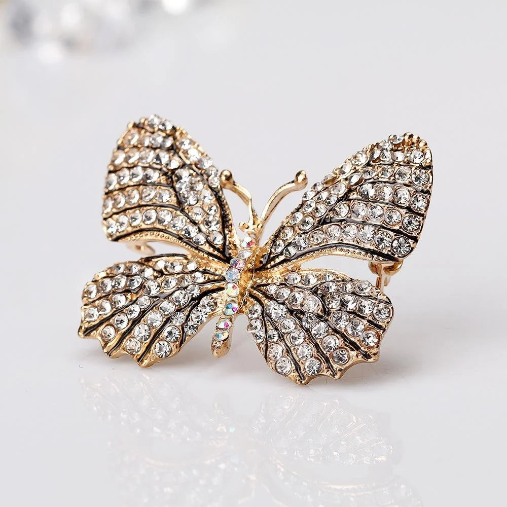 Elegant Rose Gold Butterfly Rhinestone Brooch With Full Crystal Wings, Women's Lapel Pin Corsage Gift