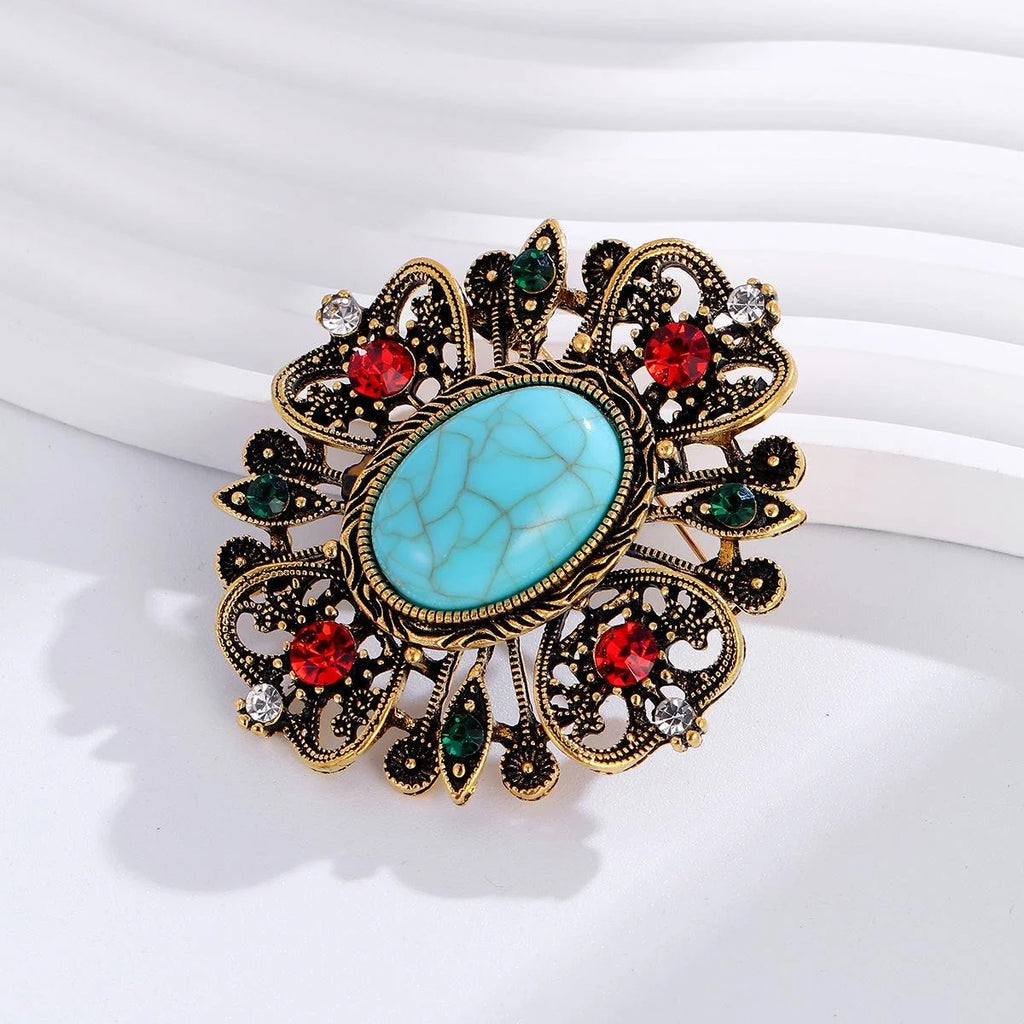 Vintage Baroque Turquoise Cabochon Rhinestone Alloy Brooch, Elegant Floral Lapel Pin Suit Accessory