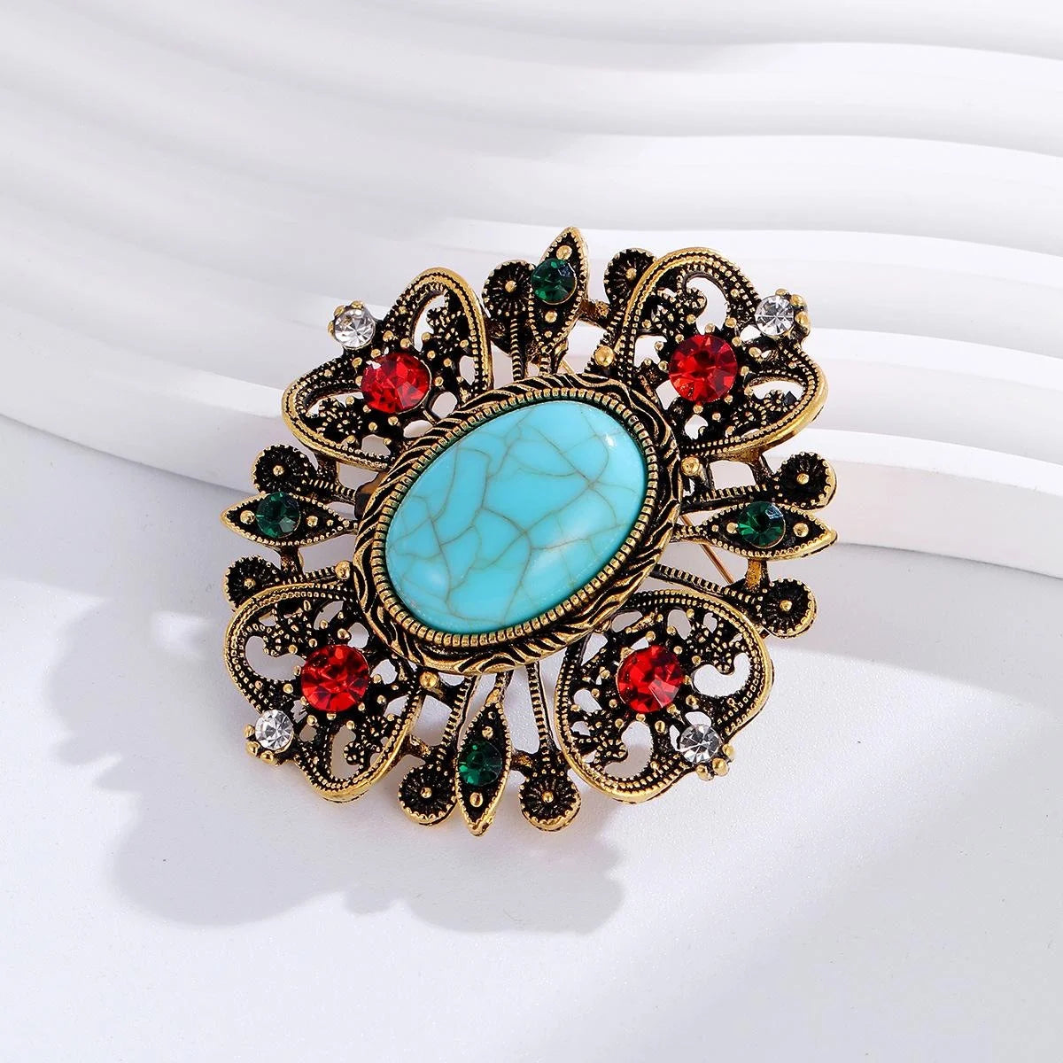 Vintage Baroque Turquoise Cabochon Rhinestone Alloy Brooch, Elegant Floral Lapel Pin Suit Accessory