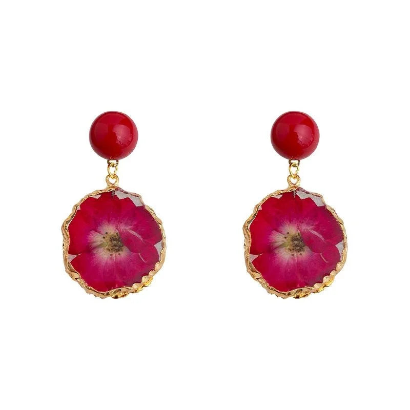 Natural Dried Flower Petal Drop Earrings Sweet Vacation Style Floral Statement Jewelry