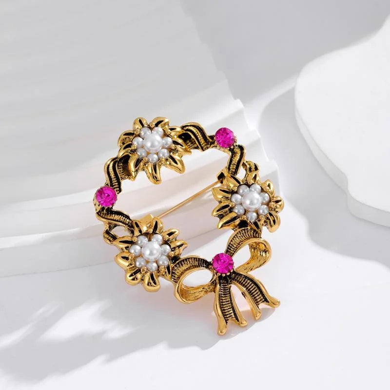 Vintage Gold Alloy Floral Wreath Brooch With Faux Pearl And Pink Rhinestone Bow, Elegant Lapel Pin Gift