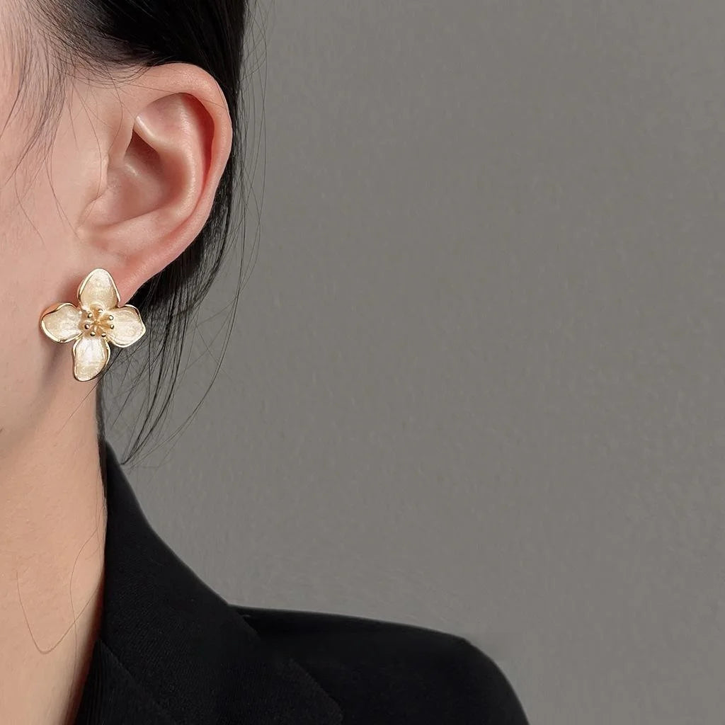 Forest Style 14K Gold Plated Copper Flower Stud Earrings With Enamel Texture