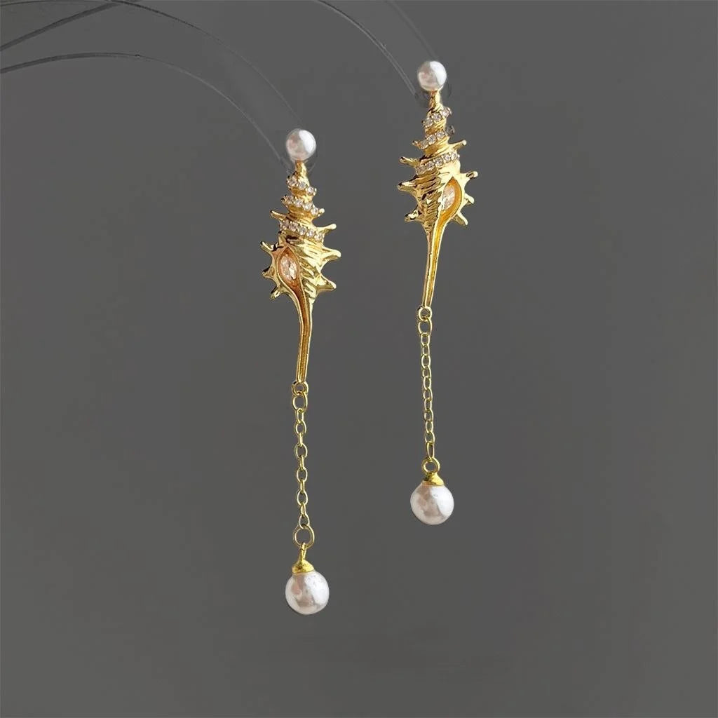 Sweet Conch Shell Copper Drop Earrings With Zircon Micro Pave, Pearl Accent