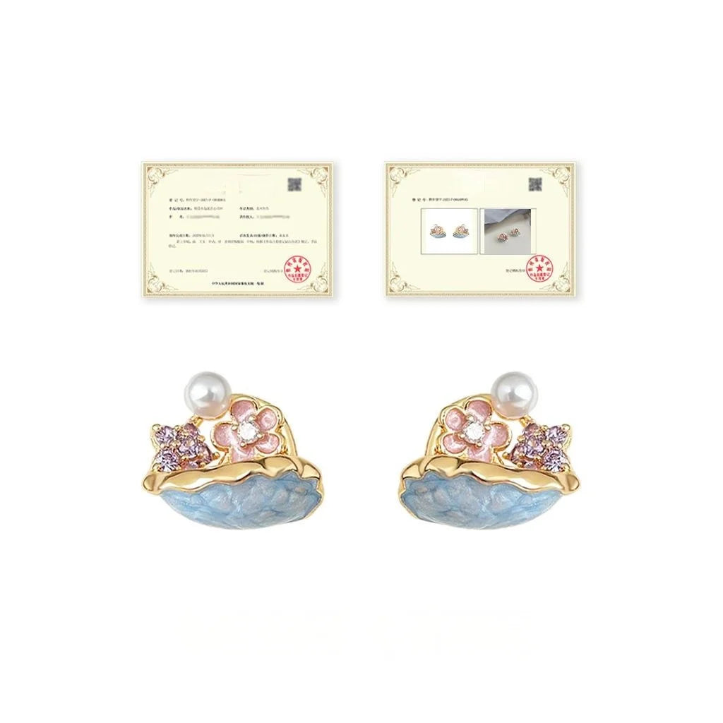 Pastoral Enamel Painted Flower Stud Earrings With Zirconia High Gloss Pearl Copper Jewelry
