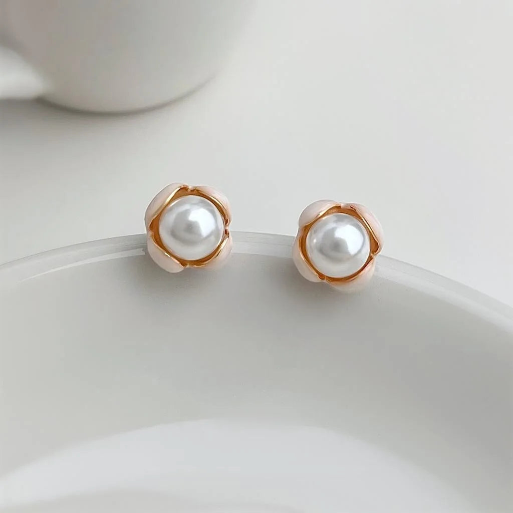 Pastoral Style Enamel Flower Petal Pearl Stud Earrings Copper Base