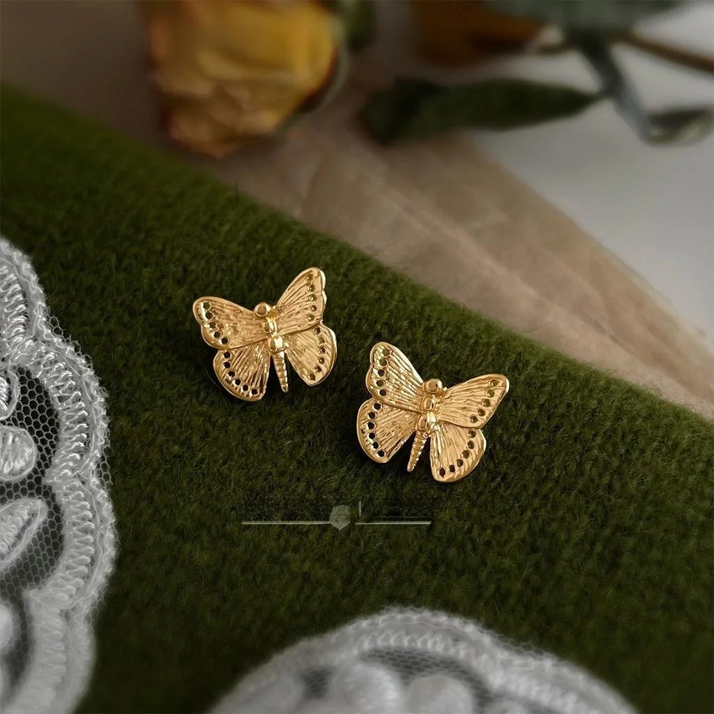 French Vintage Fluttering Butterfly Stud Earrings Copper Elegant Office Jewelry
