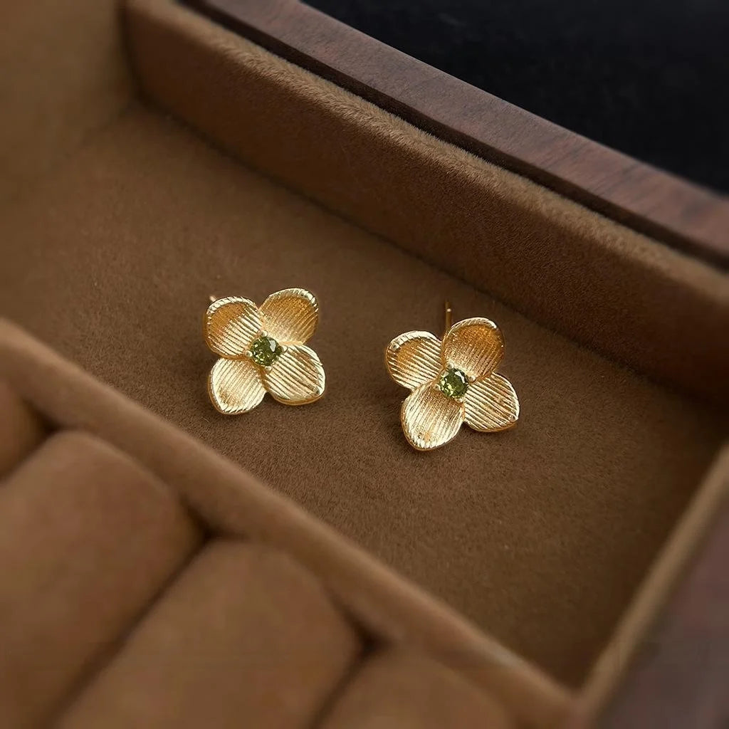 Sweet Floral Micro Pave Zircon Copper Stud Earrings 14K Plated Brushed Peach Blossom Jewelry