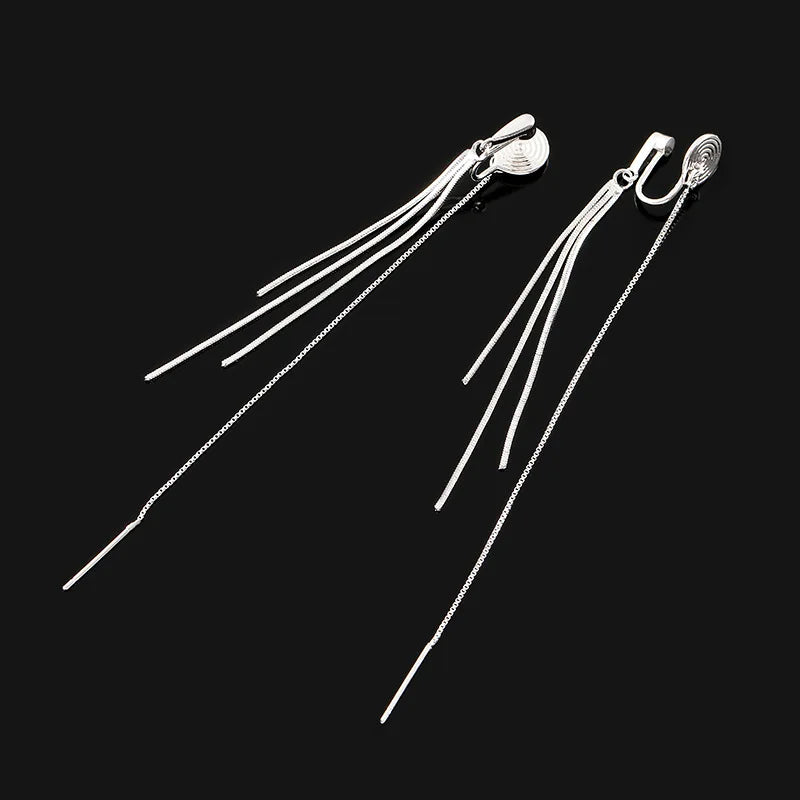 Elegant Silver Alloy Spiral Disc Long Tassel Threader Chain Stud & Clip On No Piercing Drop Earrings