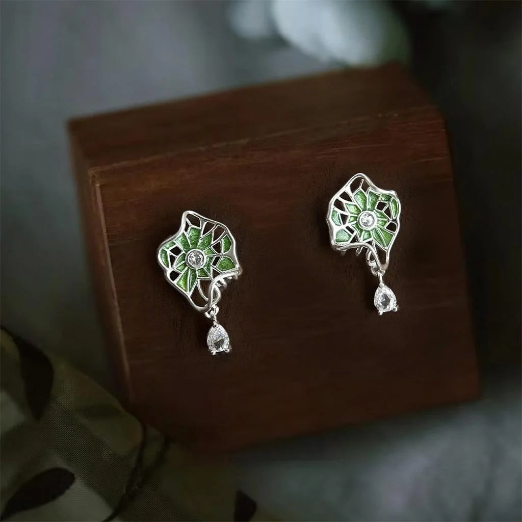 Niche Original Design Micro Pave Zircon Enamel Green Lotus Leaf Drop Earrings