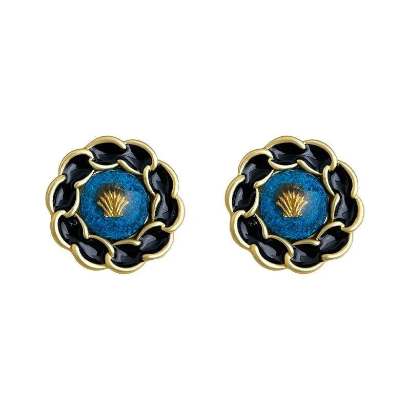 Vintage Enamel Glazed Black Round Geometric Copper Drop Earrings