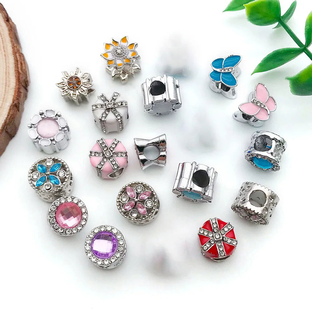 Silver Zinc Alloy Rhinestone Round Heart Butterfly Loose Metal Beads for DIY Bracelet Jewelry