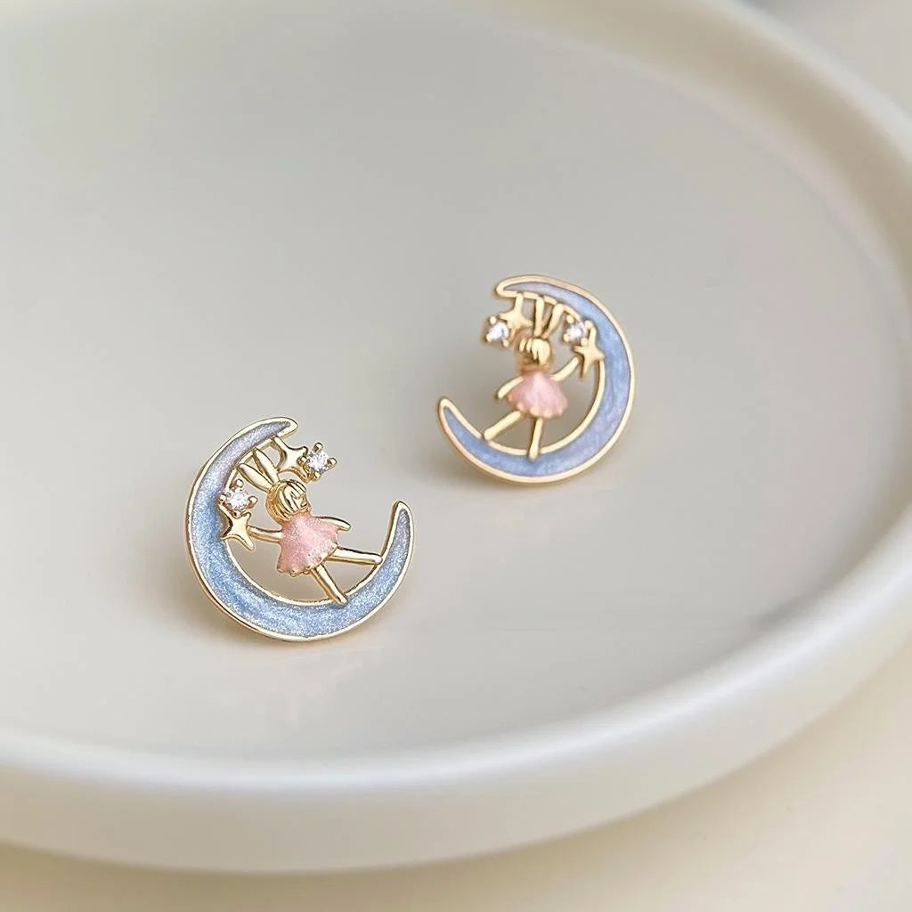 14K Plated Copper Moon Rabbit Stud Earrings With Micro Pave Zircon Hand Painted Fairy Style