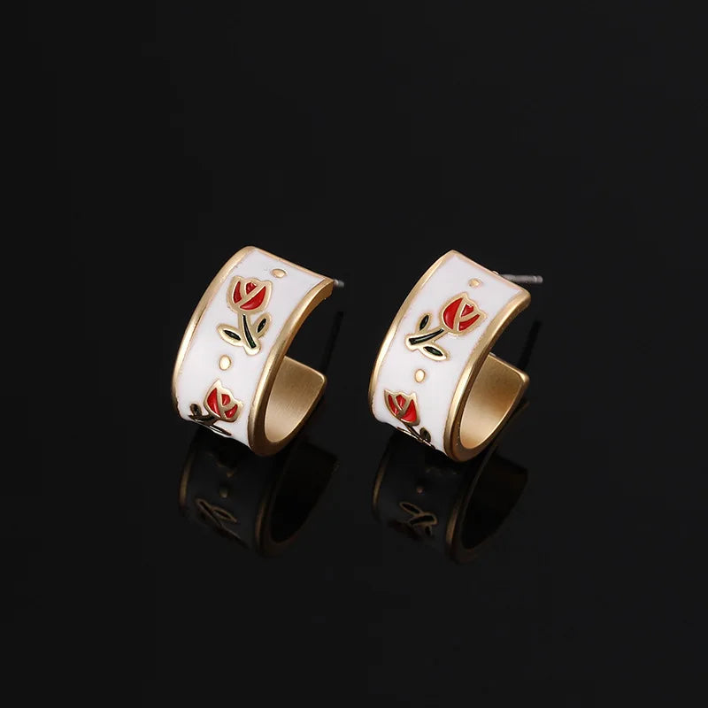 Elegant Vintage Tulip Enamel Wide Hoop Stud & Clip On No Piercing Alloy French Style Earrings