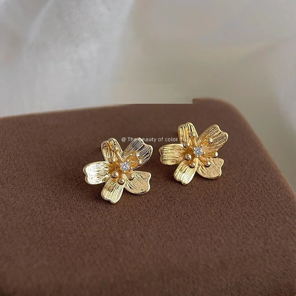 Light Luxury 14K Plated Copper 3D Flower Micro Pave Zircon Stud Earrings