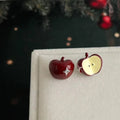 Style Copper Enamel Burgundy Apple Stud Earrings With Zircon Asymmetric AB Design