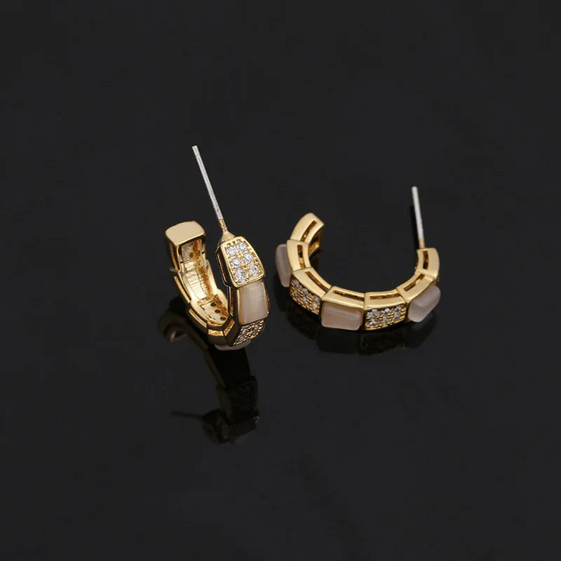 Vintage Spiral Cat Eye Stone Zircon Gold Hoop Stud & Clip On No Piercing Elegant Huggie Earrings