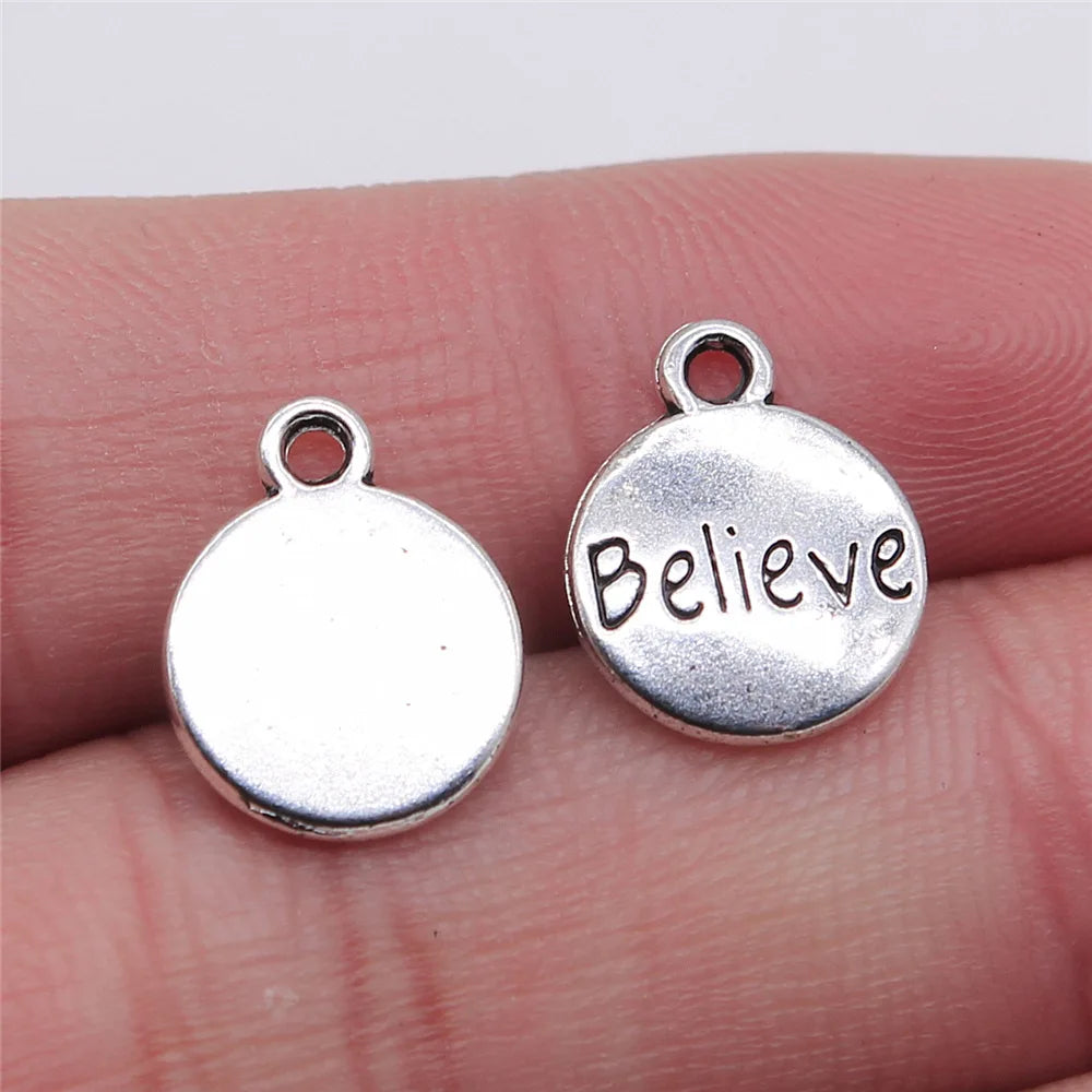 11x14mm 0.9g Antique Silver Zinc Alloy Believe Round Tag Letter Charm Pendant for DIY Jewelry Making