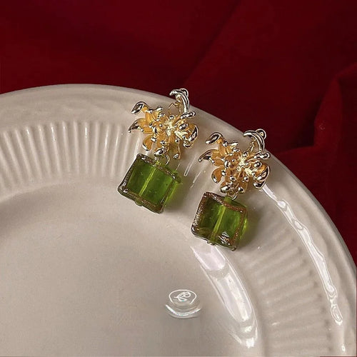 French Vintage Palace Style Daisy Flower Geometric Glass Copper Drop Earrings