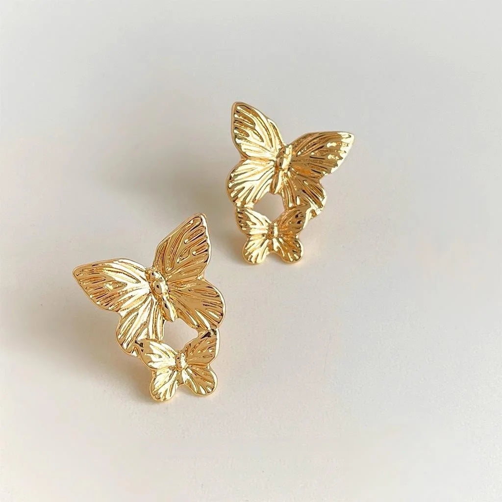 French Vintage 3D Butterfly Stud Earrings Copper Elegant Statement Jewelry