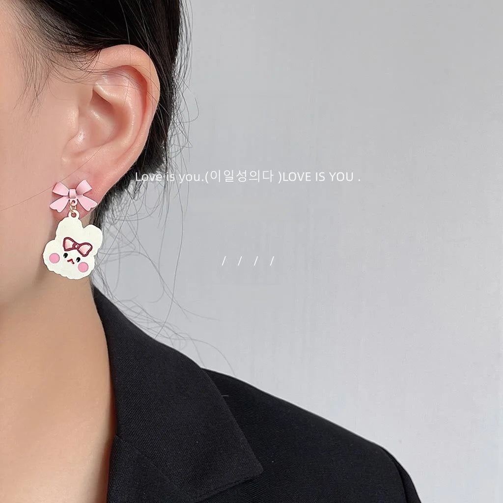 Cute Enamel Bunny Bow Stud Earrings Silver Plated Pin Alloy Sweet Fashion Ear Jewelry