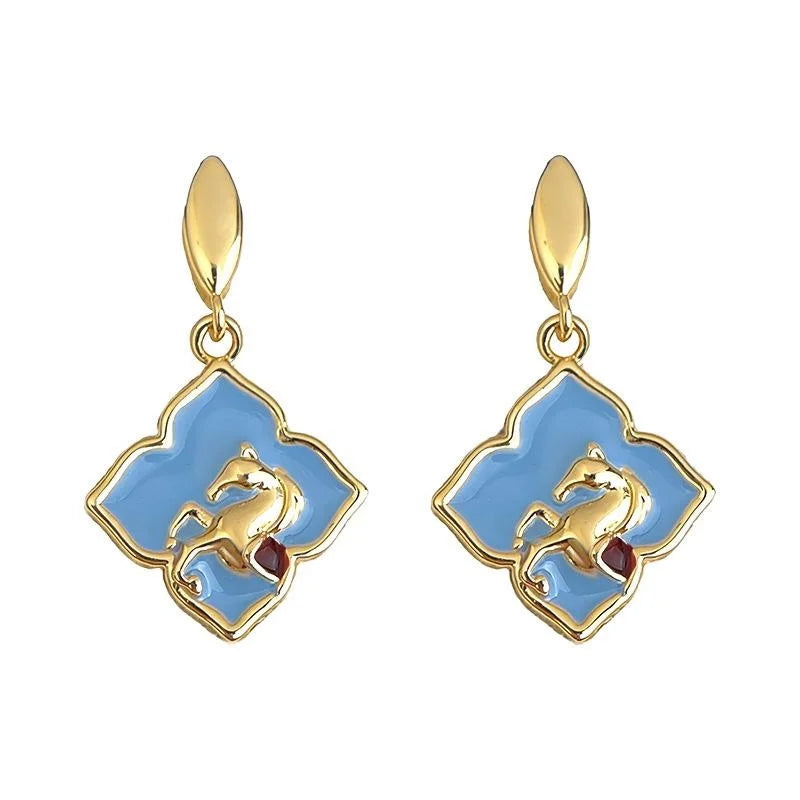 Copper Enamel Geometric Horse Drop Earrings, Vintage Palace Style
