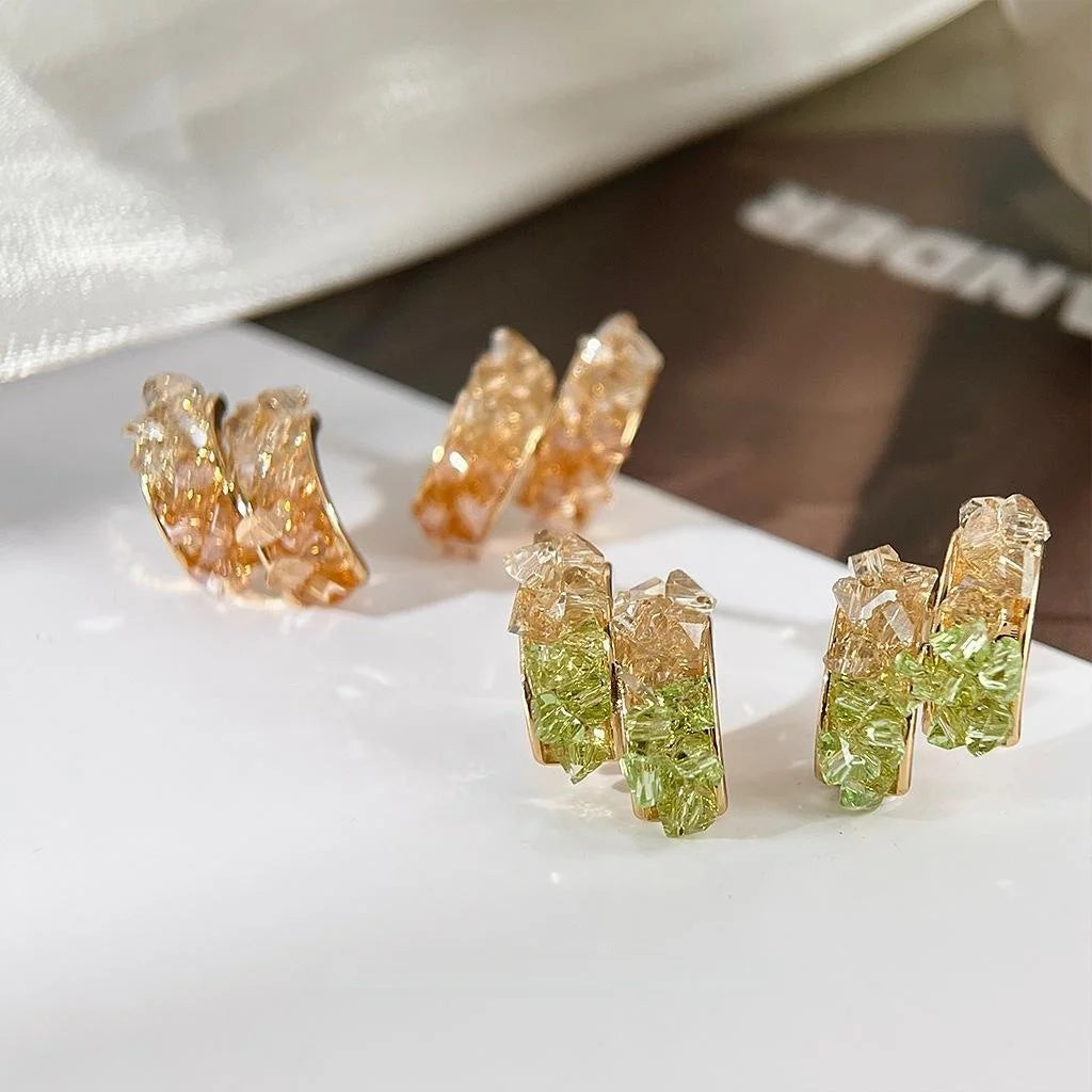 14K Plated Copper Glass Crystal Geometric Semicircle Stud Earrings Sweet Handmade Design