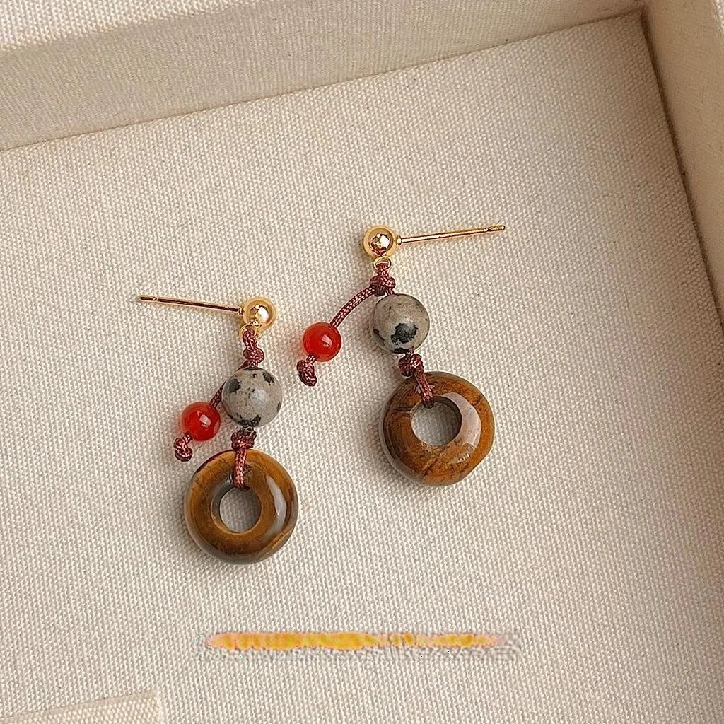 New Chinese Style Tiger Eye Red Agate Spotted Stone Peace Buckle Drop Earrings