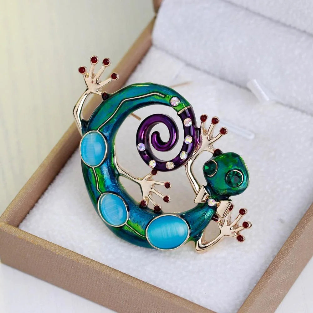 Luxury Enamel Gecko Lizard Brooch With Rhinestones, Alloy Animal Lapel Pin Corsage Suit Accessory Gift