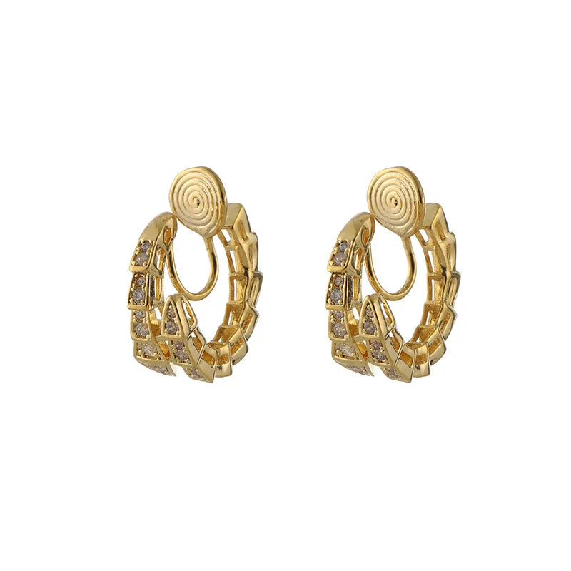 Light Luxury Snake Shape Zircon Hoop Stud & Clip On No Piercing Spiral Ear Cuff For Women Earrings