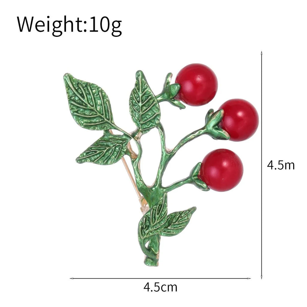 Cute Enamel Cherry Branch Brooch For Women, Alloy Fruit Lapel Pin Corsage Suit Accessory Gift