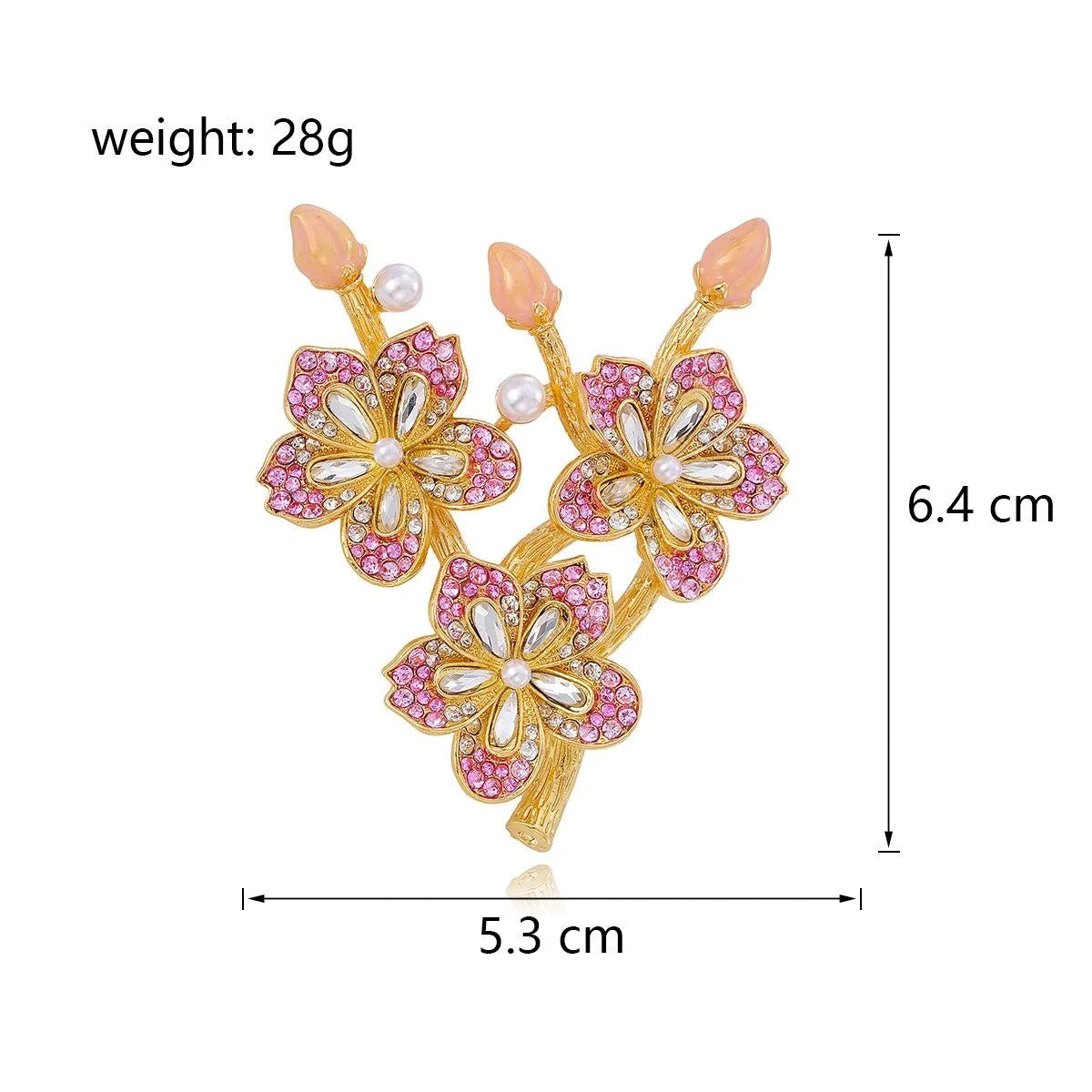 Elegant Peach Blossom Branch Brooch With Pink Rhinestones And Faux Pearls, Gold Alloy Lapel Pin Suit Accessory