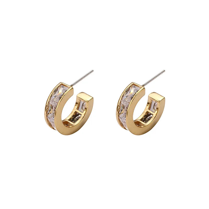 Elegant Gold Alloy Zircon C Hoop Stud & Clip On No Piercing Luxury Round Huggie Women's Earrings