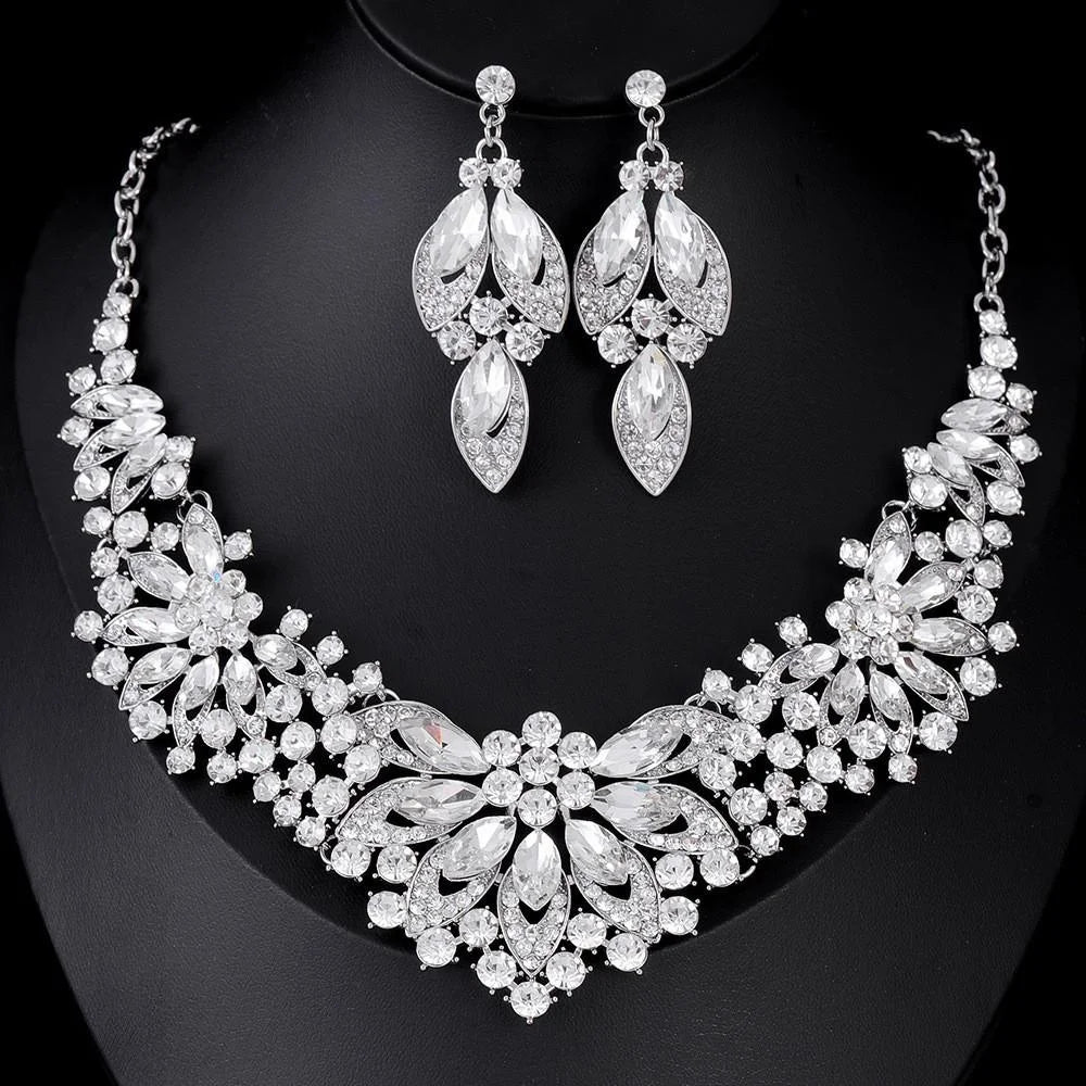 Luxury Bridal Rhinestone Crystal Flower Necklace And Earrings Jewelry Set, Silver Tone Wedding Party Jewelry