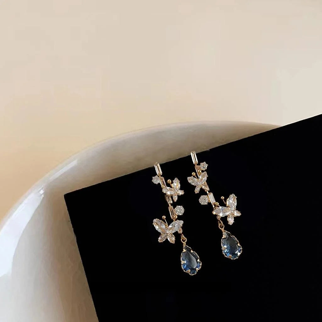 14K Plated Copper Butterfly Waterdrop Zircon Glass Crystal Stud Earrings