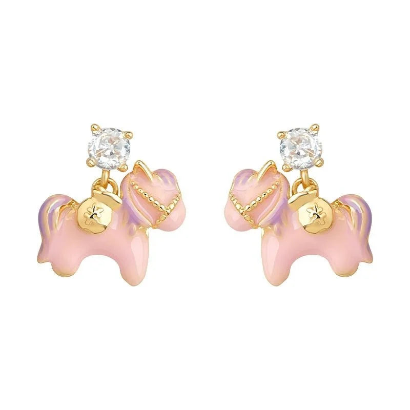 Sweet Pink Pony Zircon Enamel Copper Drop Earrings Chic Animal Jewelry