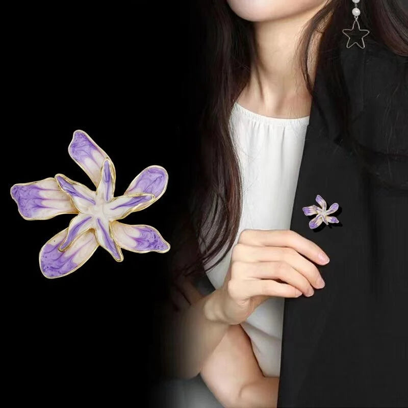 Elegant Purple Enamel Double Layer Five Petal Flower Brooch Gold Tone Alloy Lapel Pin Corsage Suit Accessory
