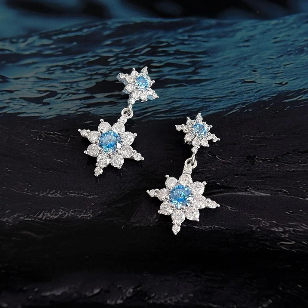 Aquamarine Blue Copper Micro Pave Zircon Eight Point Star Drop Earrings