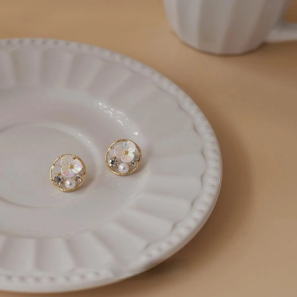 14K Gold Plated Copper Round Flower Drop Earrings Sweet Jewelry For Women