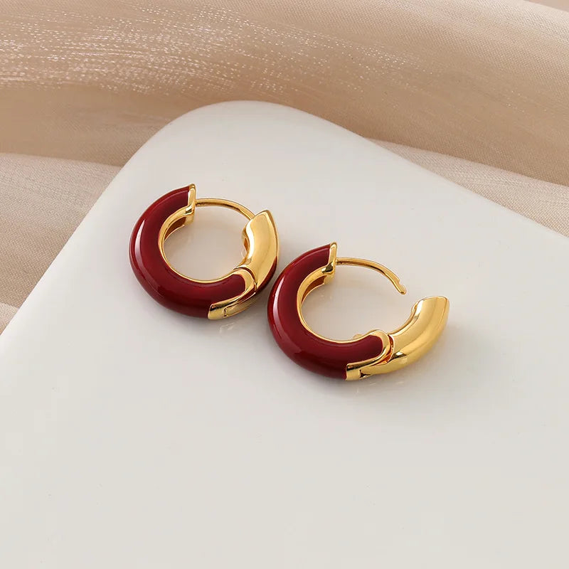 Vintage Red Enamel Gold Alloy Chunky Hoop Stud & Clip On No Piercing New Year Statement Earrings