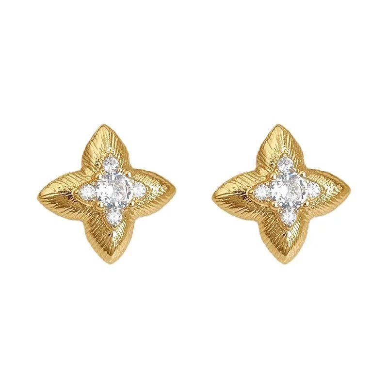 Old Money Style 14K Plated Copper Micro Pave Zircon Star Flower Stud Earrings