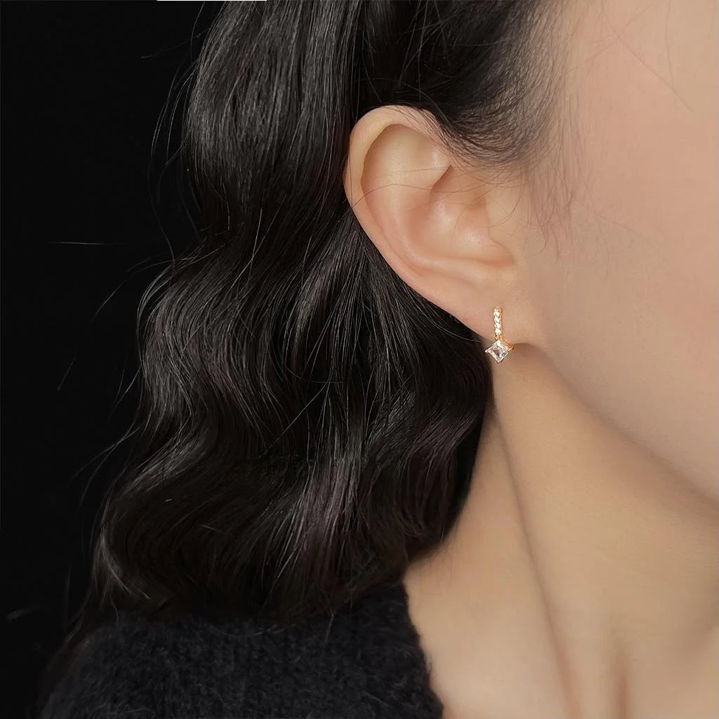 Tiny 14K Plated Copper Micro Pave Zircon Square Geometric Stud Earrings