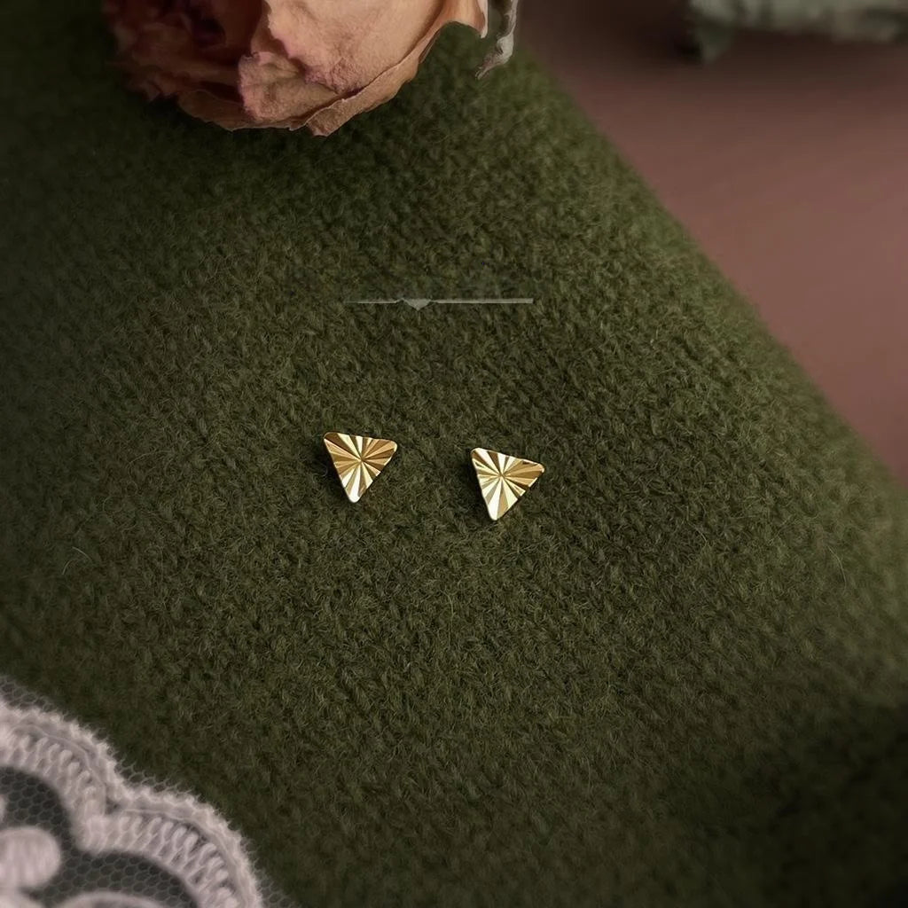 18K Real Gold Plated Copper Mini Triangle Faceted Stud Earrings Light Luxury Jewelry