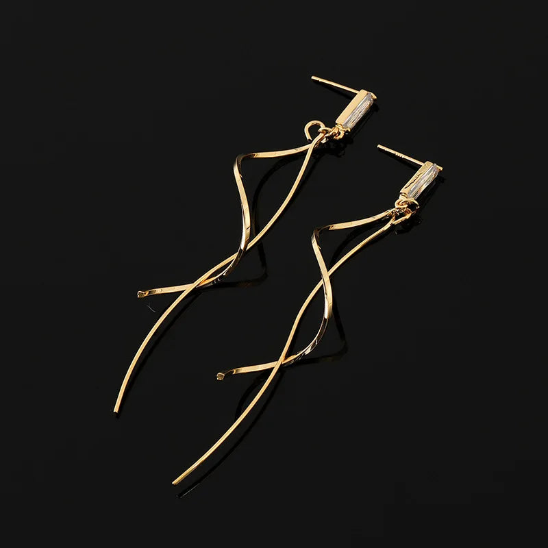 Elegant Gold Alloy Spiral Line Tassel Drop Stud & Clip On No Piercing Zircon Long Face Slimming Earrings