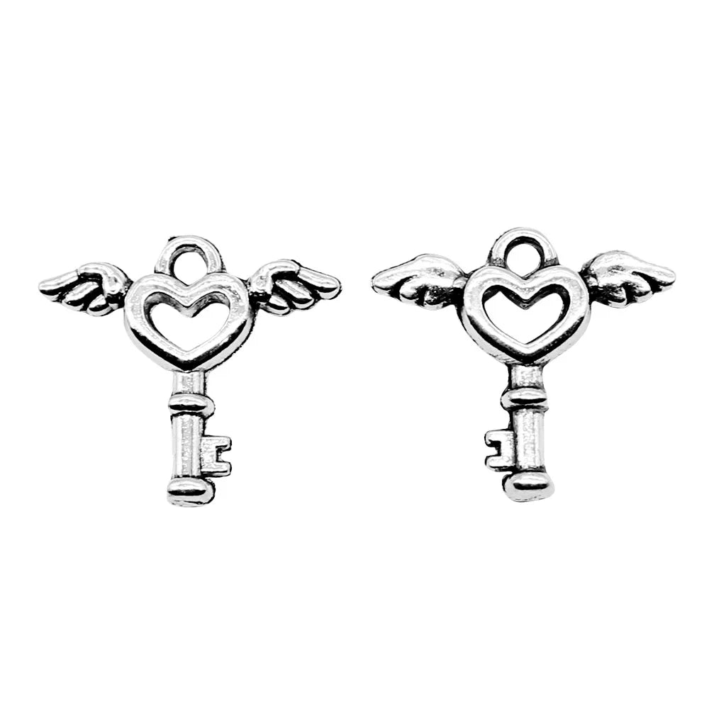 15x14mm 0.6g Multicolor Zinc Alloy Winged Heart Key Wing charm pendant for DIY necklace making