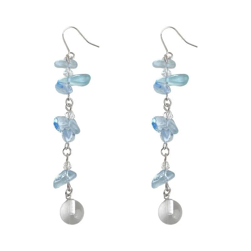 Copper Glass Crystal Aquamarine Tassel Drop Earrings Geometric Fresh Vacation Style