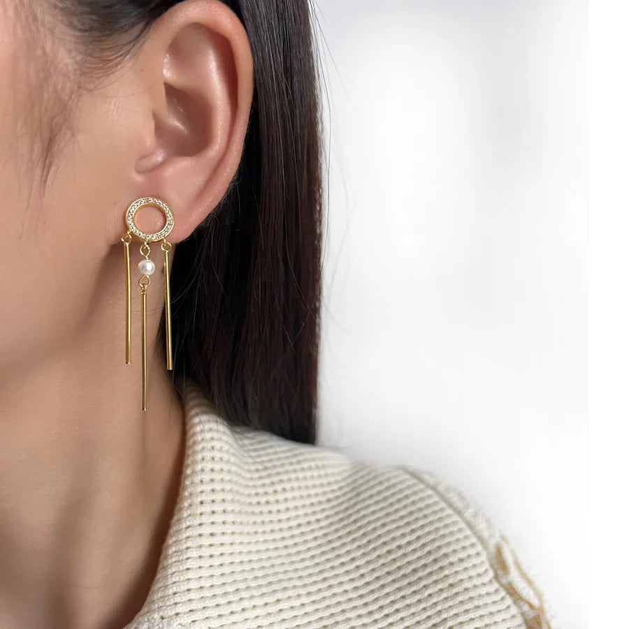 Elegant Gold Alloy Round Spiral Rhinestone Pearl Tassel Stud & Clip On No Piercing Long Drop Earrings
