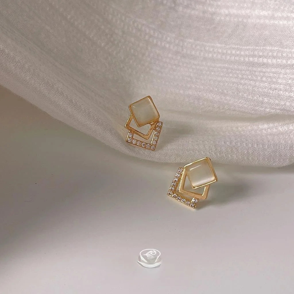 14K Gold Plated Copper Geometric Square Glass Cat Eye Zircon Stud Earrings For Women