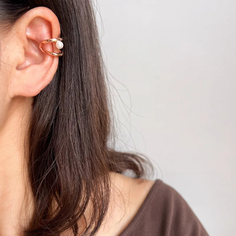 Elegant Pearl Double Hoop Ear Cuff Alloy Metal Lines Stud & Clip On No Piercing Women's Earrings