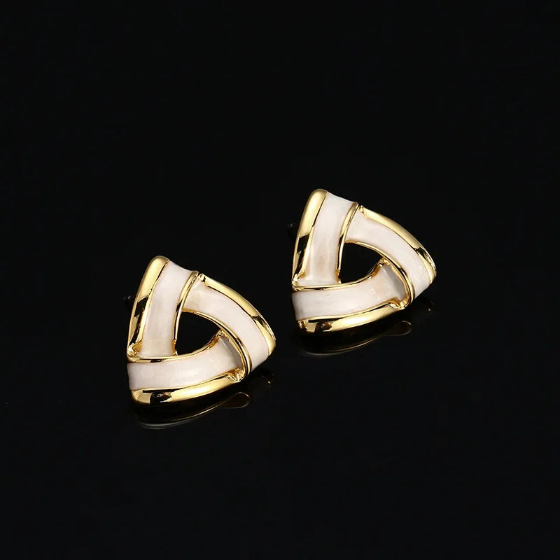 Vintage Geometric Triangle Gold Alloy White Enamel Stud & Clip On No Piercing Statement Earrings